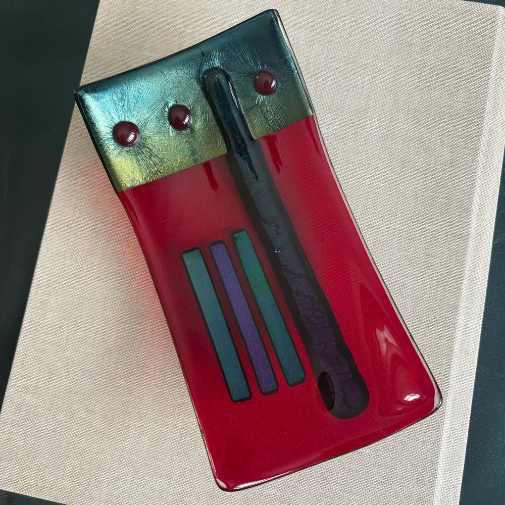 Artist Signed Fused Art Glass Dish Modern Studio Red Blue/Green iridescent - Picture 7 of 10